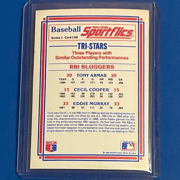 RBI Sluggers [Armas/Cooper,/Murray] #145 1986 Sportflics Baseball Trading Card - Picture 2 of 2